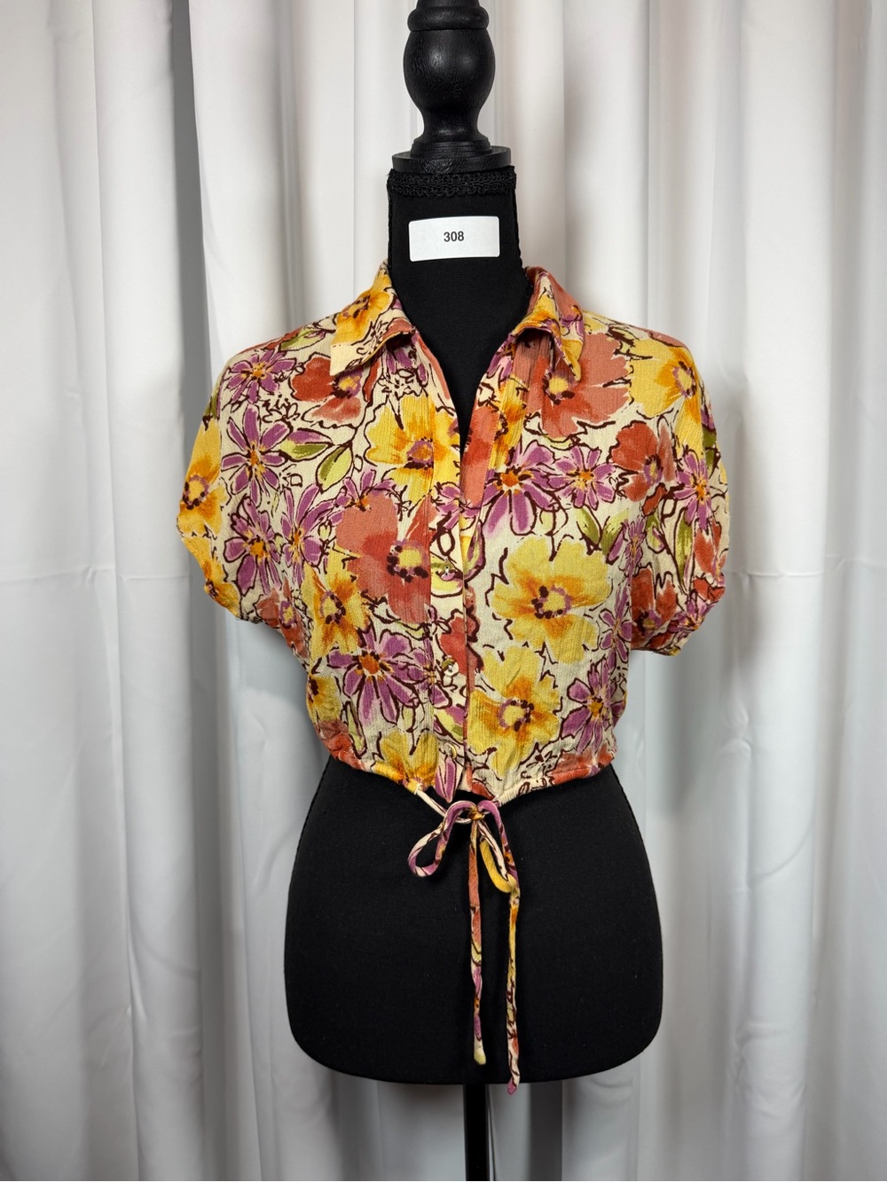 Sage The Label XS Floral Tie Front Crop Blouse Button Down Boho Cottagecore